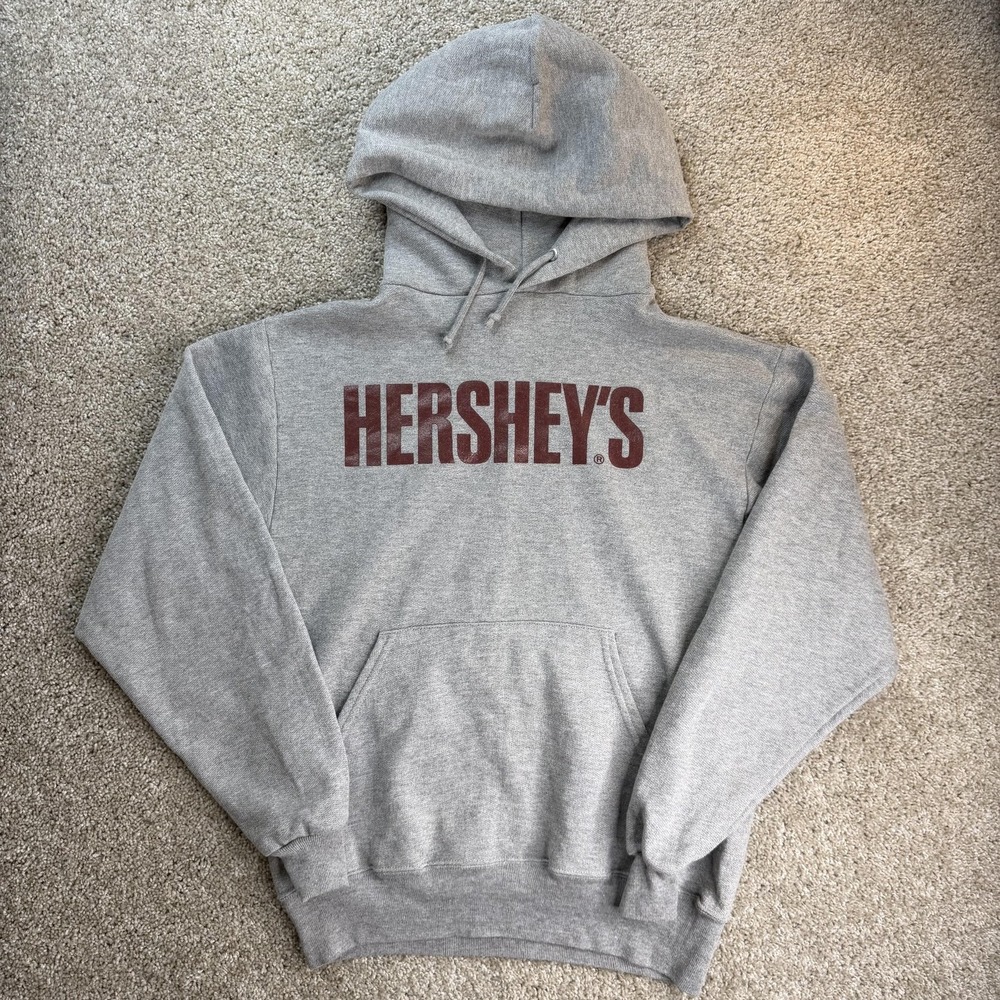 Hershey's Hoodie Mens Small Gray Fleece Pullover Jerzees NuBlend Sweatshirt